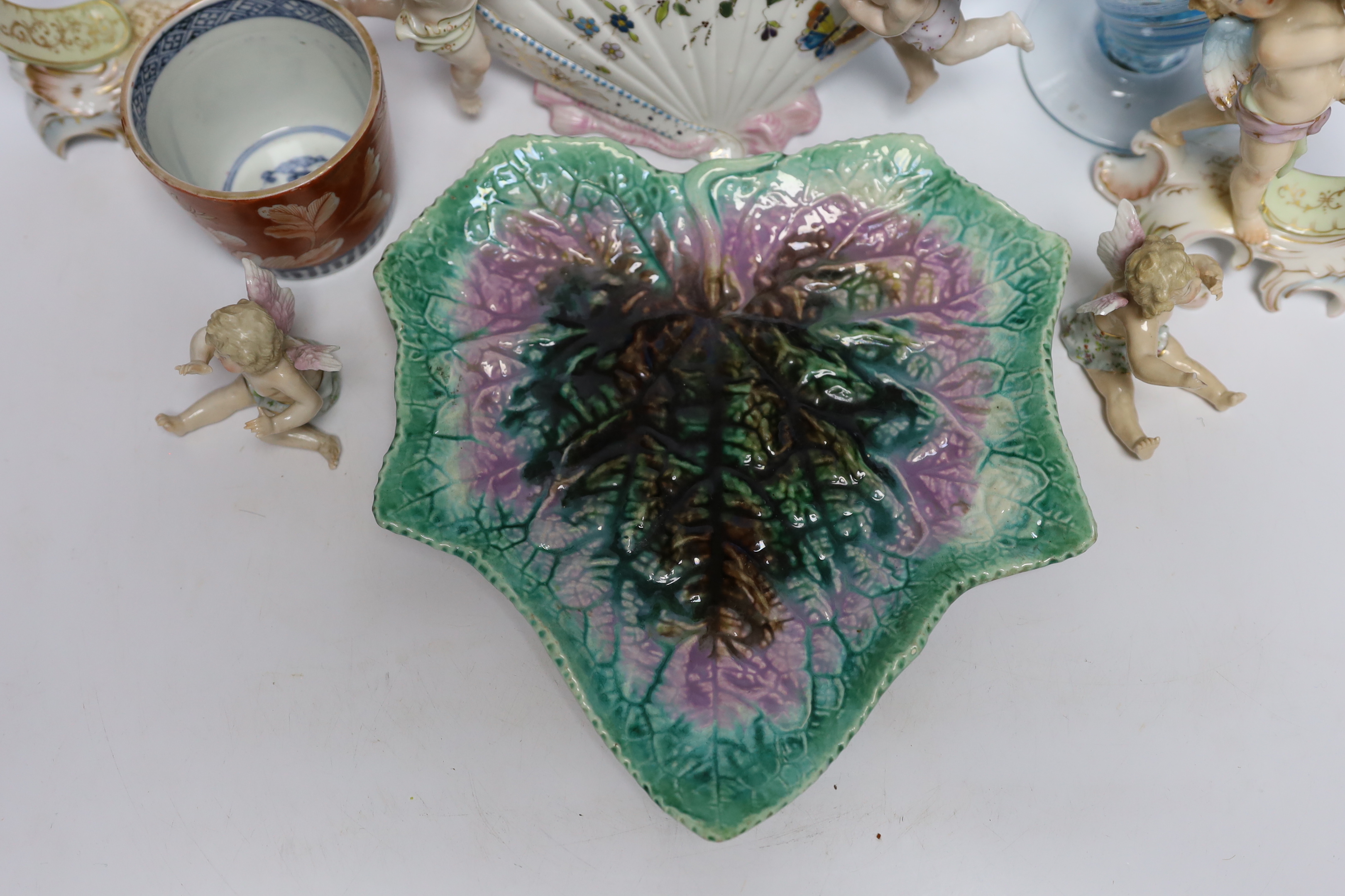 A group of mixed ceramics and glassware including an art glass jug, a leaf dish and a late 19th / early 20th century continental porcelain figures including Volkstedt, largest 32cm high